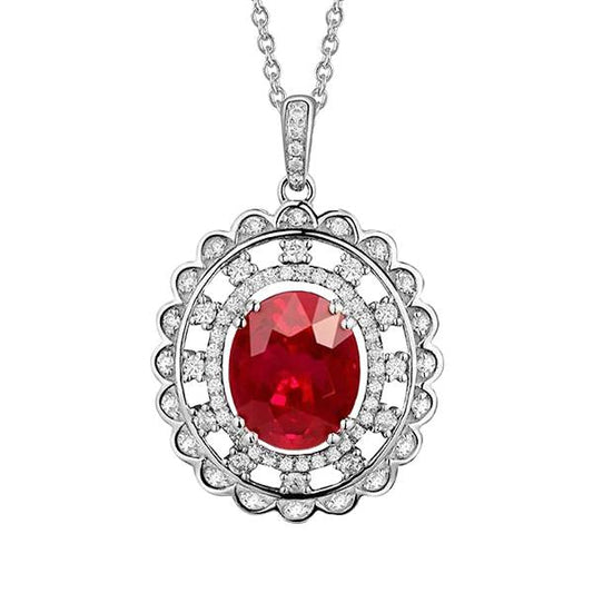 Prong Set Red Ruby And Diamonds 3 Ct Pendant With Chain White Gold