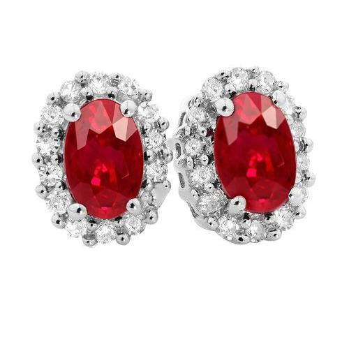 Prong Set Red Ruby And Diamonds 6.10 Carats Pave Stud Earrings