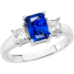 Radiant 3 Stone Blue Sapphire Ring & Princess Diamonds 3 Carats