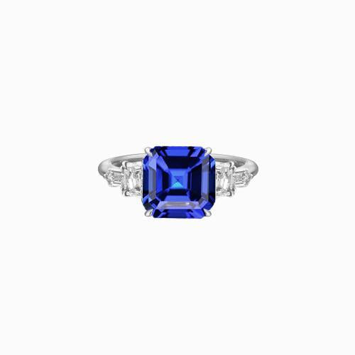 Radiant & Baguette Diamond Asscher Natural Blue Sapphire Ring 2 Carats