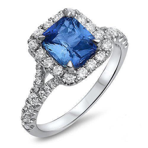 Radiant Cut Ceylon Sapphire & Round Diamond Ring 3 Ct. White Gold 14K