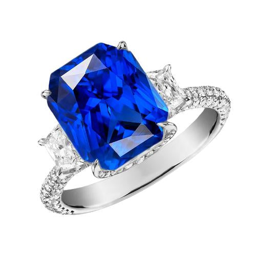 Radiant Diamond 3 Stone Sapphire Ring With Accents 4.50 Carats Gold