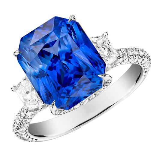 Radiant Diamond Ceylon Sapphire Ring 7.50 Carats 3 Stone Prong Style