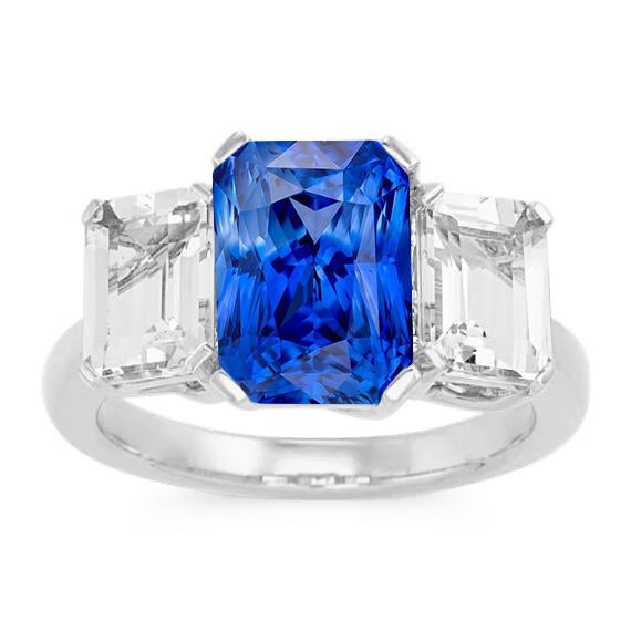 Radiant Diamond Jewelry 3 Carats Three Stone Blue Sapphire Ring