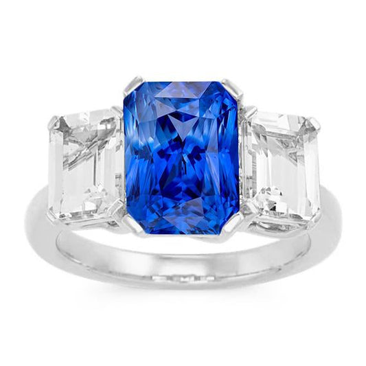 Radiant Diamond Jewelry 3 Carats Three Stone Blue Sapphire Ring