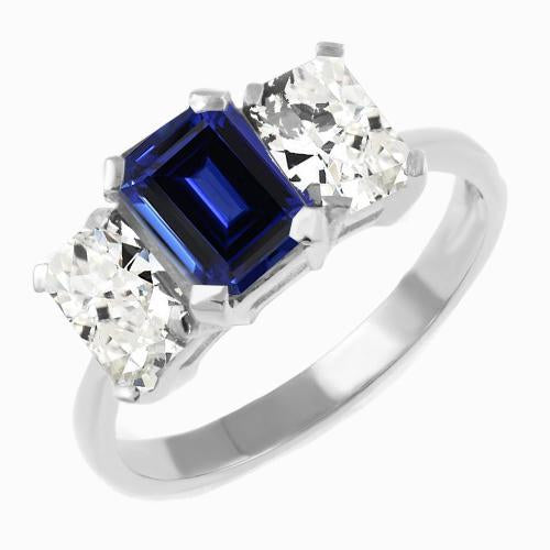 Radiant Diamond Jewelry Emerald Blue Sapphire 3 Stone Ring 3 Carats