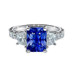 Radiant Gemstone Sapphire Ring Trapezoid & Round Natural Earth Mined Diamonds 3.50 Carats