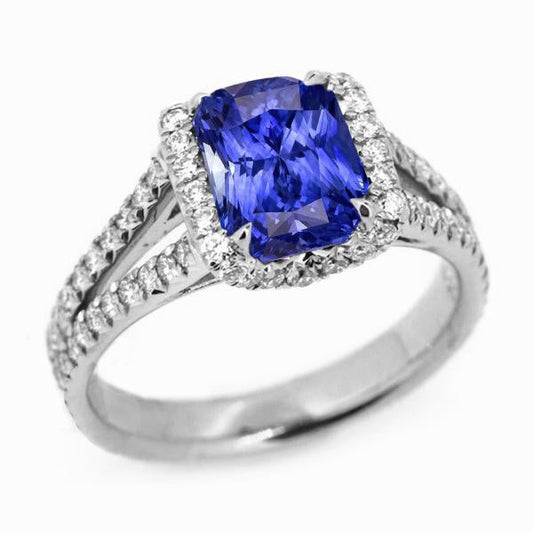 Radiant Halo Ceylon Sapphire Ring 4.50 Carats Split Shank Diamonds