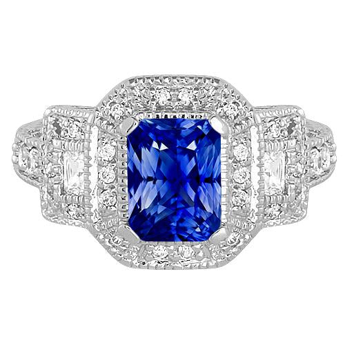 Radiant Halo Ring Antique Style Blue Sapphire & Diamonds 3 Carats