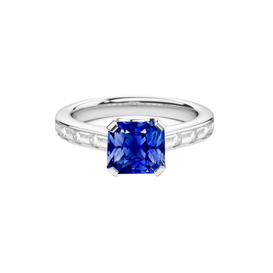 Radiant Sapphire Engagement Ring 2 Carats Baguette Accents Channel Set