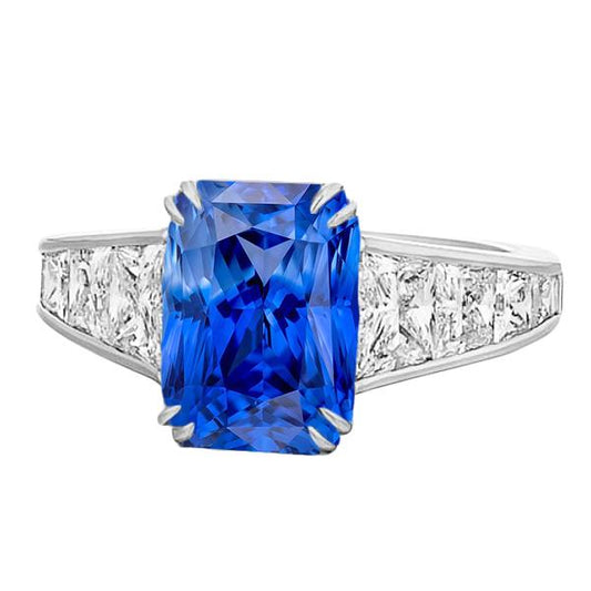 Radiant Sapphire Wedding Ring 5 Carats Channel Set Trapezoid Diamonds