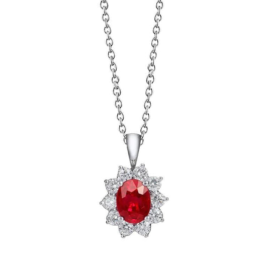 Red Aaa Ruby And Diamonds 5.10 Carats Pendant Necklace 14K