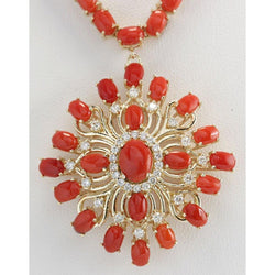 Red Coral And Diamonds 73.75 Carats Women Necklace Yellow Gold 14K