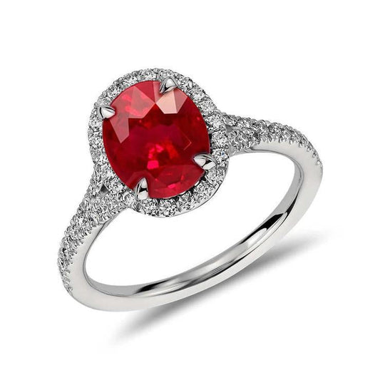 Red Oval Ruby Diamond Wedding Ring White Gold 14K 3.30 Carats