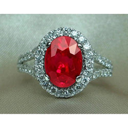Red Oval Ruby With Accents Diamond Wedding Ring 6.75 Carats White Gold