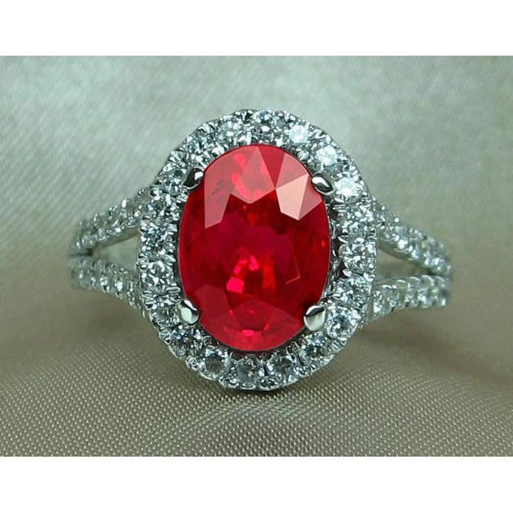Red Oval Ruby With Accents Diamond Wedding Ring 6.75 Carats White Gold
