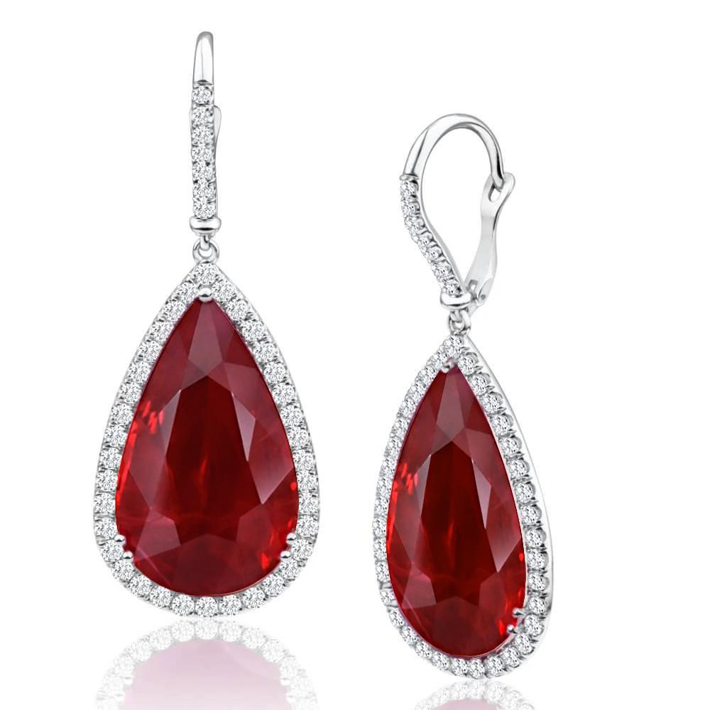 Red Pear Cut Ruby & Diamonds 8 Carats Dangle Earrings White Gold 14K
