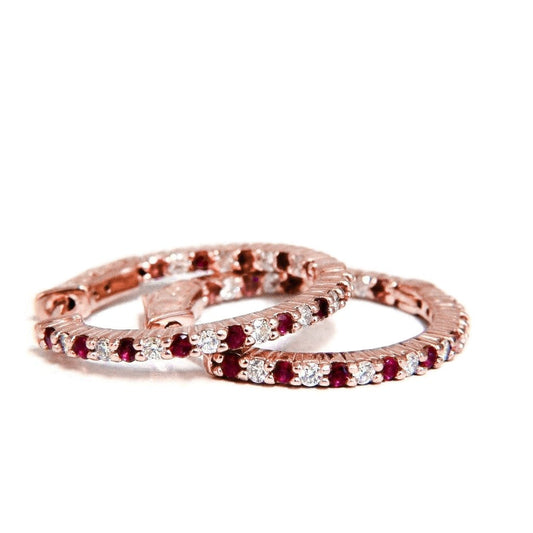 Red Round Cut Ruby Diamond Hoop Earrings Rose Gold 14K 4 Carats