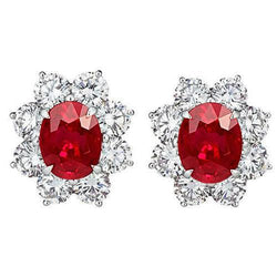 Red Ruby And Diamond Stud Earring 5.40 Carats Halo Gemstone Jewelry