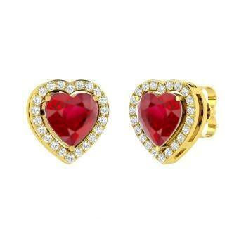 Red Ruby And Diamonds 3.80 Ct Studs Earrings Yellow Gold