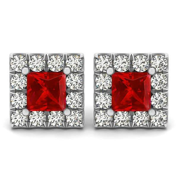 Red Ruby And Diamonds 6 Ct Studs Earrings 14K White Gold