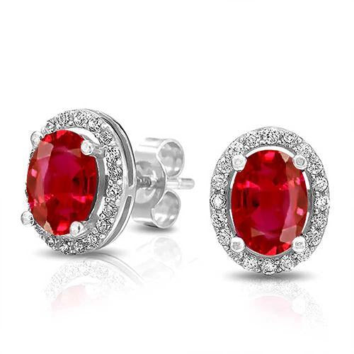 Red Ruby & Diamond Stud Halo Lady Earring Gold Jewelry 3.42 Carats