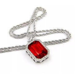 Red Ruby Emerald Cut & Round Natural Earth Mined Diamond Pendant Necklace 7.35 Ct. WG 14K