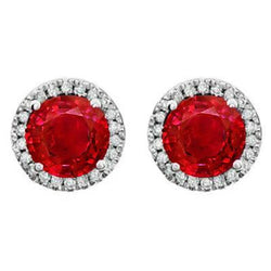 Red Ruby Halo Natural Earth Mined Diamond Ladies Stud Earrings Prong Set 9.10 Ct. WG 14K