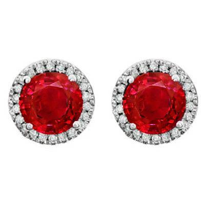 Red Ruby Halo Diamond Ladies Stud Earrings Prong Set 9.10 Ct. WG 14K