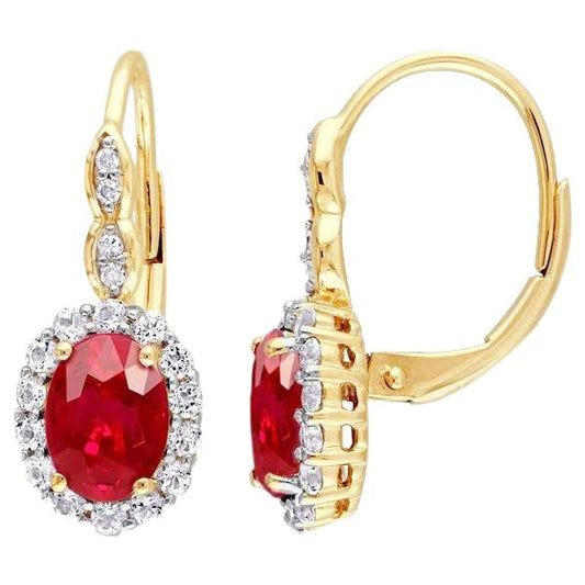 Red Ruby Leverback 7.90 Carats Stud Halo Earrings Yellow Gold 14K