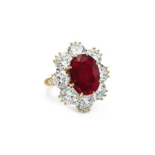 Red Ruby With Diamonds 3 Carats Engagement Ring 14K Yellow Gold