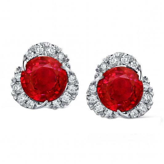 Red Ruby With Diamonds 4.90 Carats Lady Studs Earrings Halo White Gold
