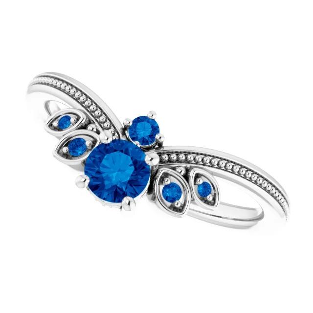 Ring Blue Sapphire 1 Carat Antique Style White Gold 14K