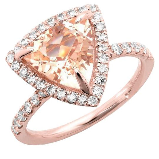 Rose Gold 14K 16.75 Ct Trillion Morganite And Round Diamonds Ring