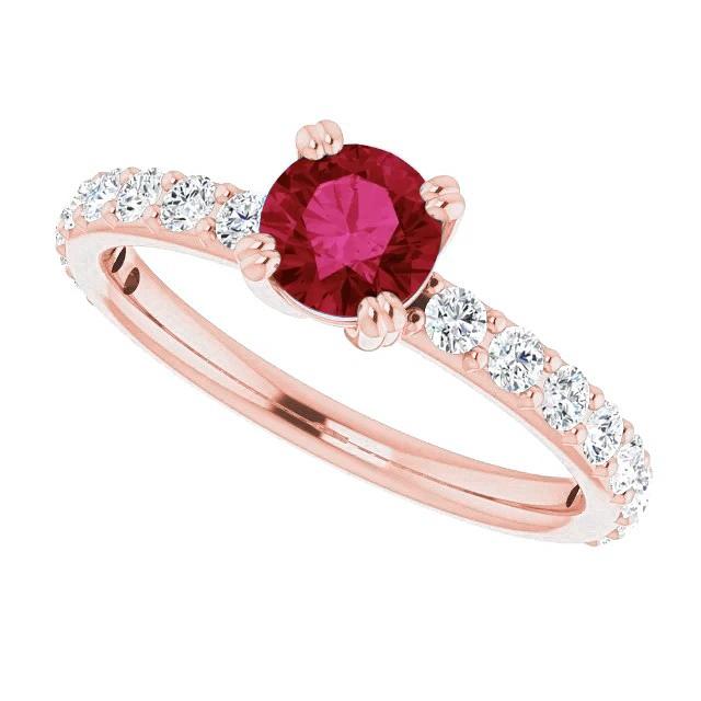 Rose Gold 14K 2.50 Carats Four Prong Diamond Round Ruby Ring