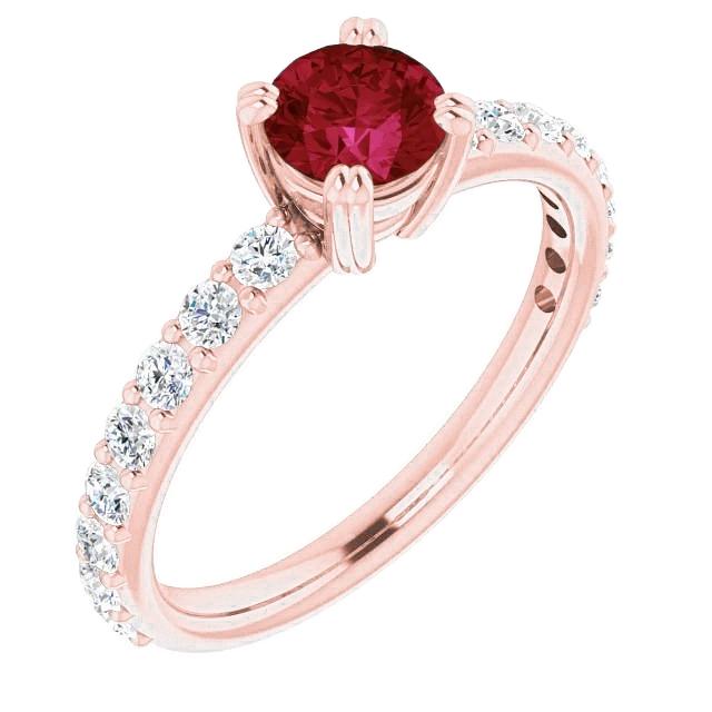 Rose Gold 14K 2.50 Carats Four Prong Diamond Round Ruby Ring
