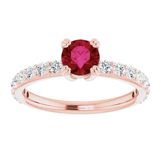 Rose Gold 14K 2.50 Carats Four Prong Diamond Round Ruby Ring