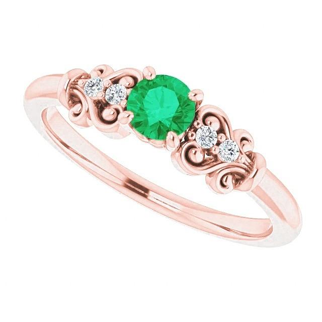 Rose Gold 14K Diamond Round Green Emerald Ring 1.40 Carats