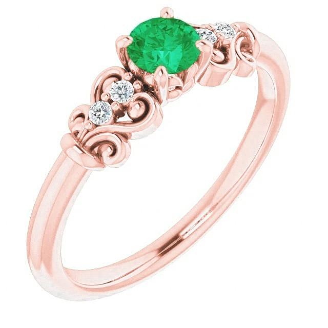 Rose Gold 14K Diamond Round Green Emerald Ring 1.40 Carats