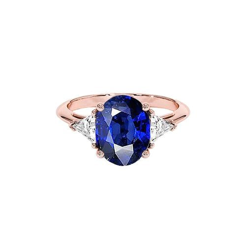 Rose Gold 3 Stone Ring Oval Blue Sapphire & Diamond 8.25 Carats