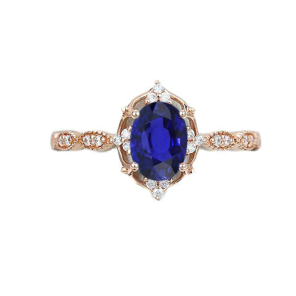 Rose Gold Diamond Halo Vintage Style Blue Sapphire Ring 3 Carats