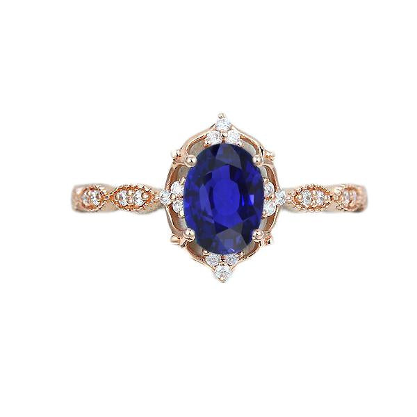 Rose Gold Diamond Halo Vintage Style Blue Sapphire Ring 3 Carats