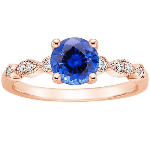 Rose Gold Diamond Ring 2.50 Carats Vintage Style Round Blue Sapphire