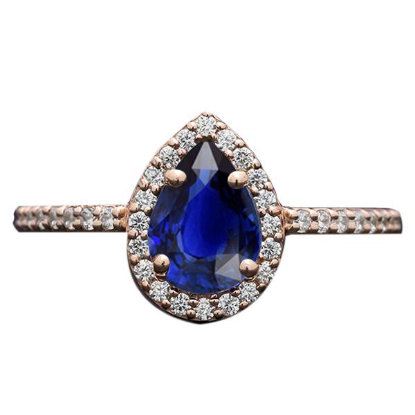 Rose Gold Halo Blue Sapphire Ring Pear Cut & Diamond Accented 3 Carats