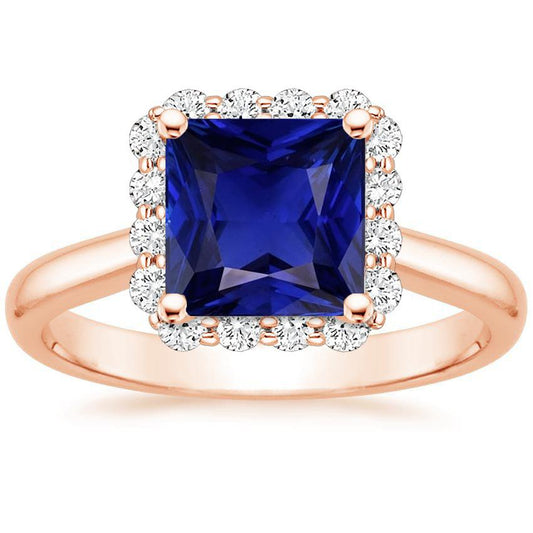 Rose Gold Halo Diamond Engagement Ring With Ceylon Sapphire 6 Carats