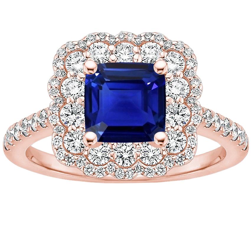 Rose Gold Halo Diamond Ring Cushion Blue Sapphire Center 3.75 Carats