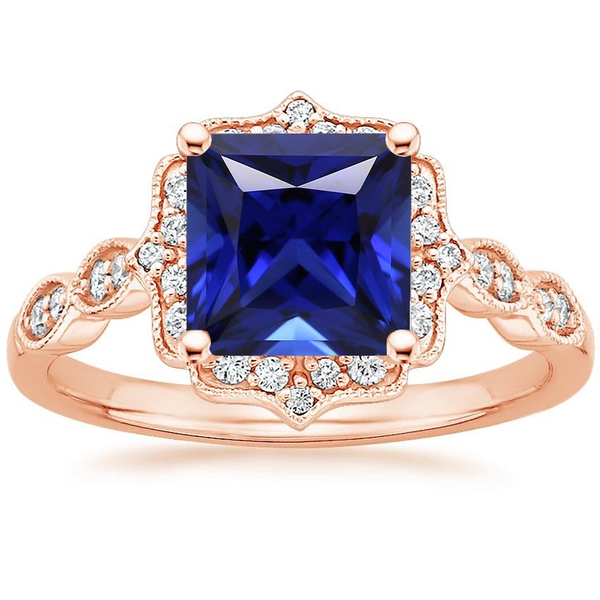 Rose Gold Halo Diamond Ring Milgrain Princess Blue Sapphire 5.50 Carat