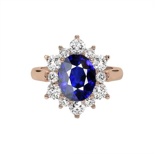 Rose Gold Halo Diamond Ring Starburst Style Blue Sapphire 11.25 Carats