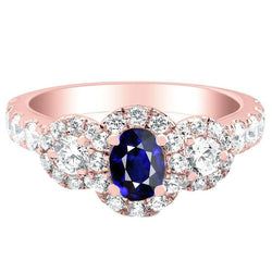 Rose Gold Halo Oval Sapphire Ring 3 Stone Style Natural Earth Mined Diamonds 5.50 Carats