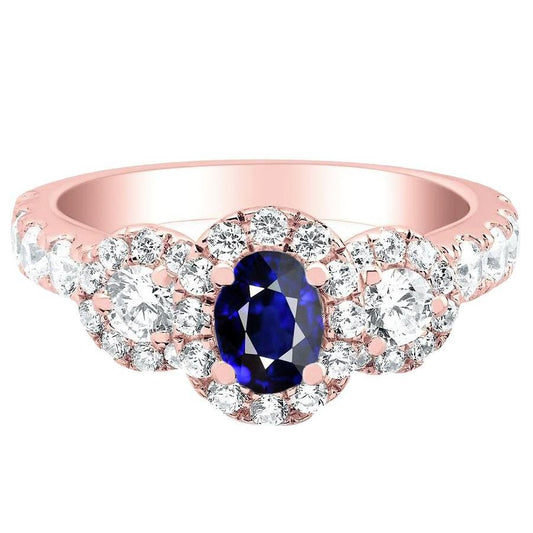 Rose Gold Halo Oval Sapphire Ring 3 Stone Style Diamonds 5.50 Carats